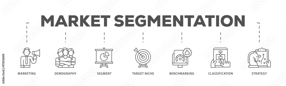Market segmentation infographic icon flow process which consists of marketing, demography, segment, target niche, benchmarking, classification, strategy icon live stroke and easy to edit Market segmentation infographic icon flow process which consists of marketing, demography, segment, target niche, benchmarking, classification, strategy icon live stroke and easy to edit