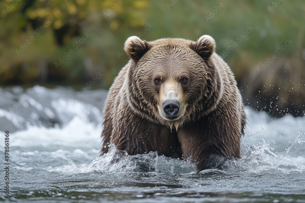 Fototapeta premium Large brown bear walking in river looking for salmon