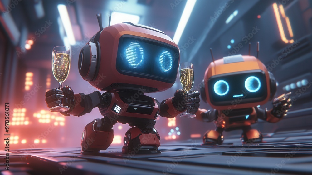 Two cheerful robots celebrate with glasses of champagne in a futuristic environment, embodying joy and technology. Two cheerful robots celebrate with glasses of champagne in a futuristic environment, embodying joy and technology.