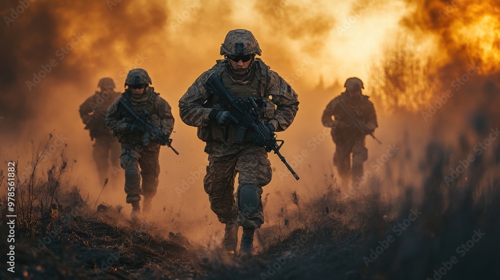 Squad of soldiers running in desert during military operation Squad of soldiers running in desert during military operation