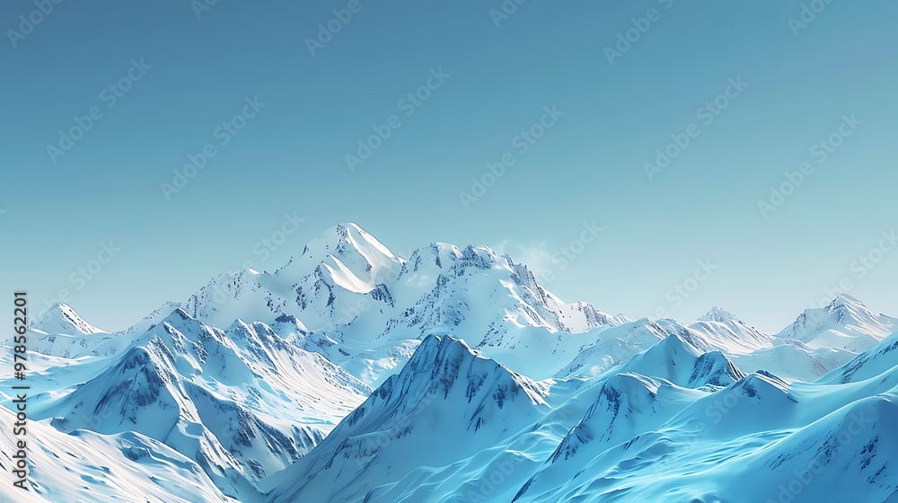 Obraz premium Panoramic view of a snowy mountain range under a vast blue sky. The image showcases the majestic beauty of nature and the stark contrast between the bright white snow and the deep blue sky.