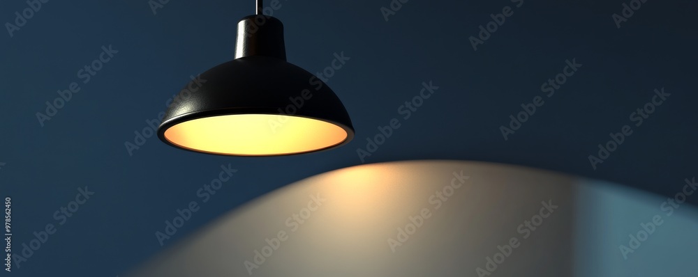 A stylish black pendant lamp casts a warm glow against a dark background, creating an inviting and modern atmosphere.