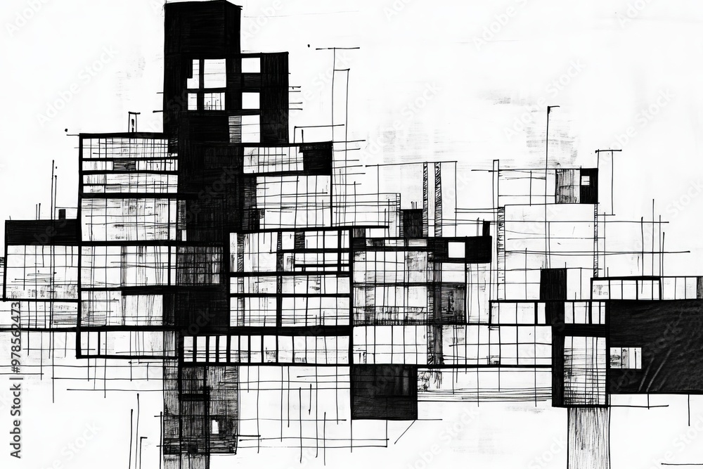 Fototapeta premium Architecture. Illustration on the theme of unusual buildings and strange structures. Stairs, windows and concrete partitions.