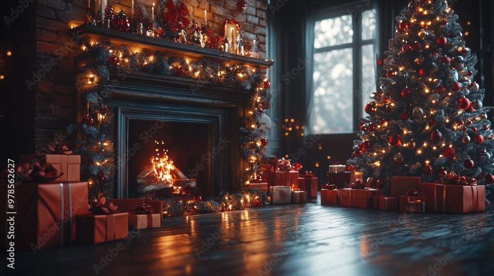 Obraz premium Burning fireplace illuminating christmas tree and presents in a cozy living room