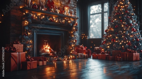 Wallpaper Mural Burning fireplace illuminating christmas tree and presents in a cozy living room Torontodigital.ca