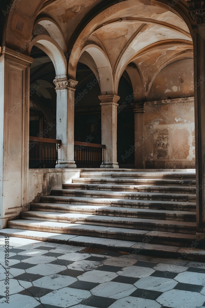 Fototapeta premium Stone Stairs Leading to an Arched Entrance in an Old Building