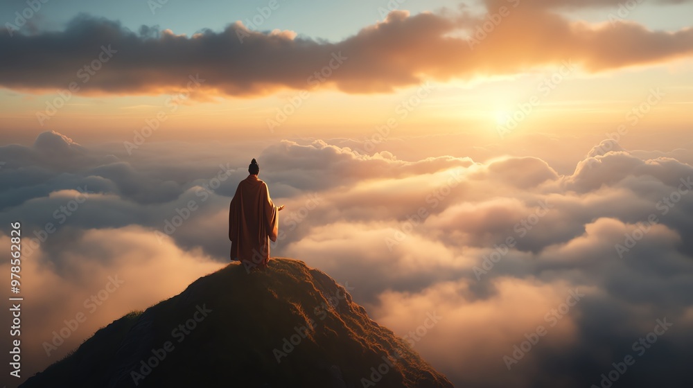 A serene figure stands atop a mountain, gazing at the breathtaking sunrise above the clouds, symbolizing hope and enlightenment. A serene figure stands atop a mountain, gazing at the breathtaking sunrise above the clouds, symbolizing hope and enlightenment.