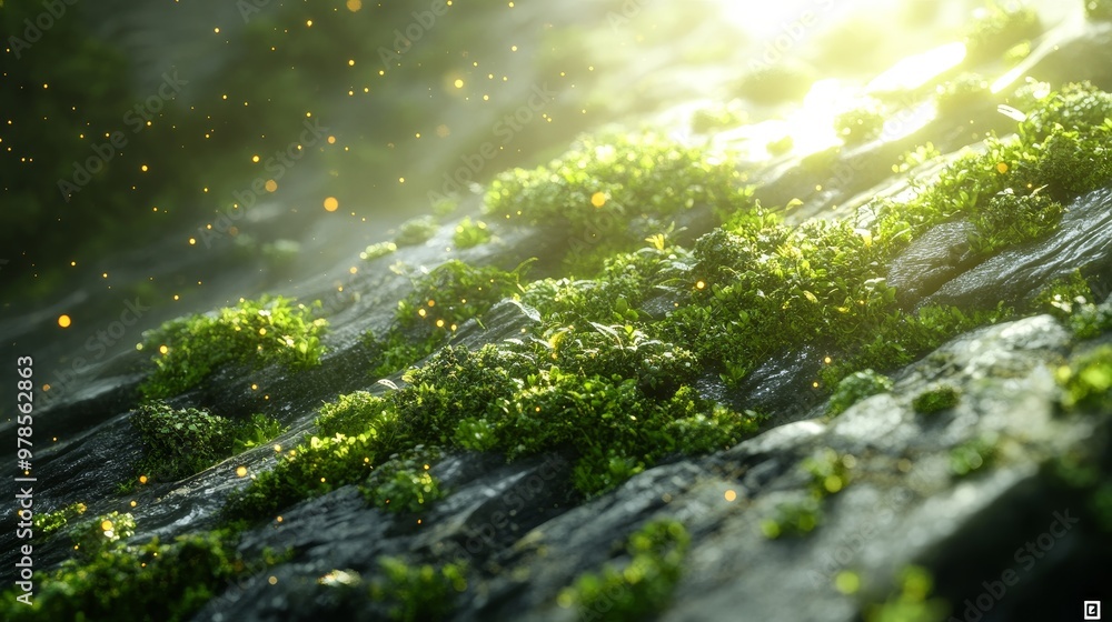A vibrant and serene close-up of moss growing on a rock, illuminated by soft sunlight, creating a peaceful natural atmosphere. A vibrant and serene close-up of moss growing on a rock, illuminated by soft sunlight, creating a peaceful natural atmosphere.