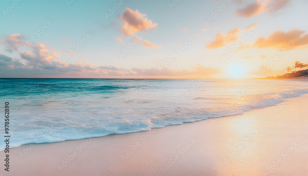 Obraz premium Crystal-clear turquoise waters with gentle waves lapping at a pristine beach under a golden sunset