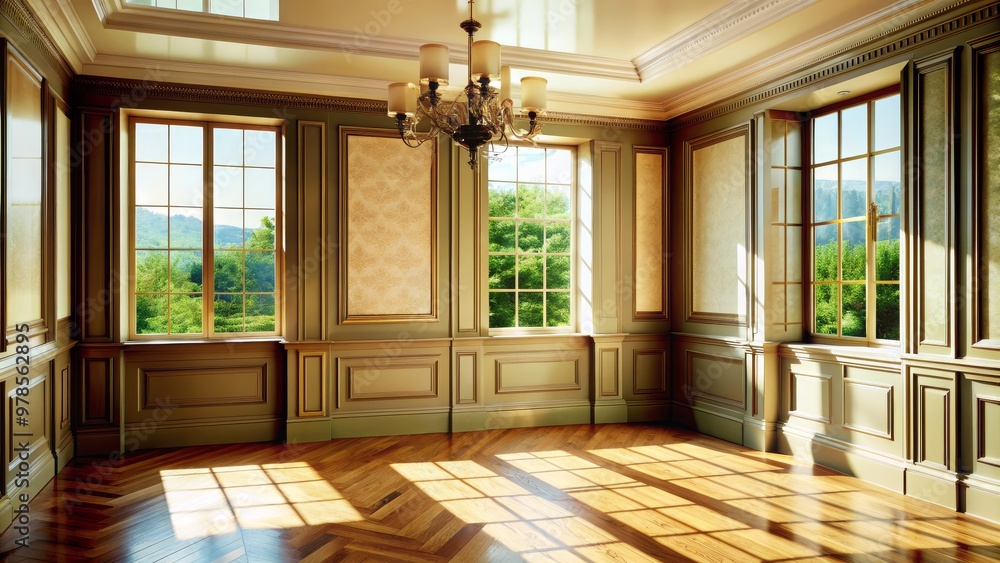 Fototapeta premium Elegant empty room showcasing classic wall paneling and expansive windows that allow abundant sunlight to create a refined atmosphere.