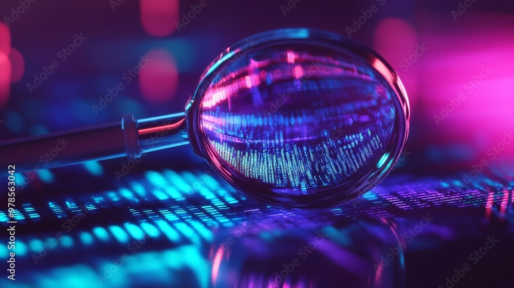 A vibrant magnifying glass reveals colorful data patterns, symbolizing analysis, research, and curiosity in a digital environment. A vibrant magnifying glass reveals colorful data patterns, symbolizing analysis, research, and curiosity in a digital environment.
