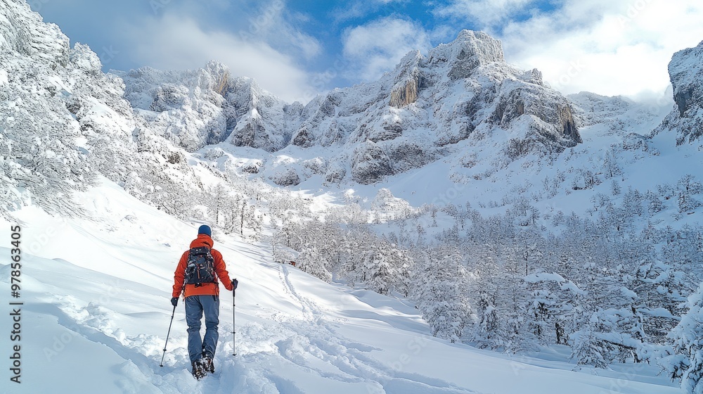 Mountaineer walking uphill in snowshoes on sunny winter day Mountaineer walking uphill in snowshoes on sunny winter day