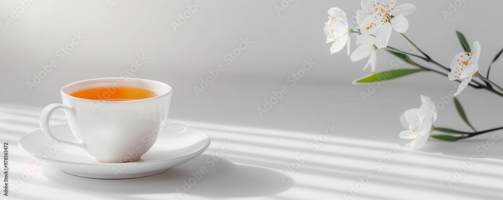 Freshly brewed tea, white background, calming beverage Freshly brewed tea, white background, calming beverage