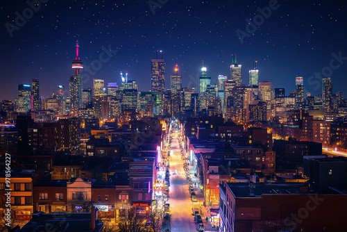 Wallpaper Mural A vibrant city skyline at night with illuminated buildings and a lively street below. Torontodigital.ca
