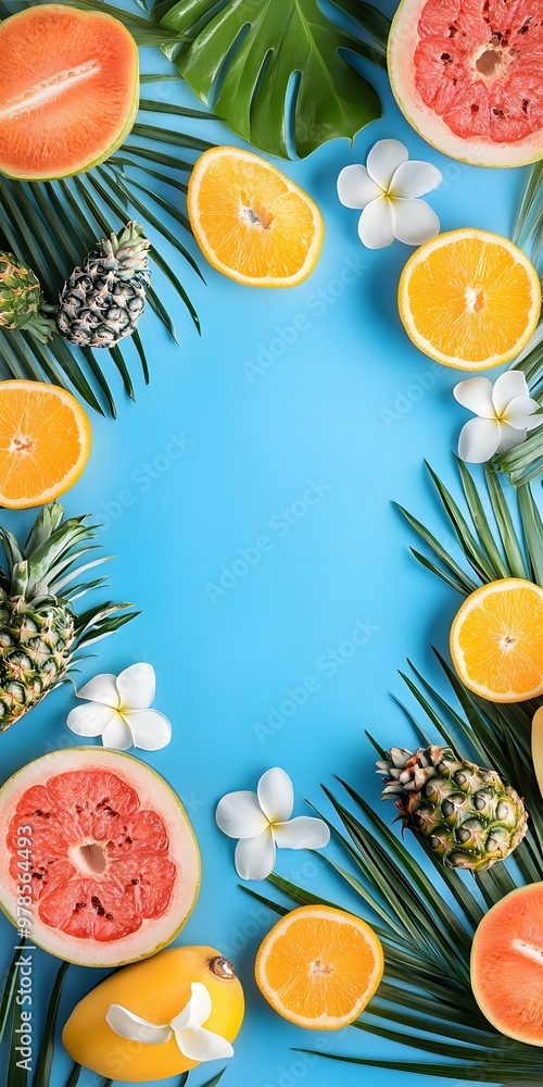 Summer Fruit Tropical Background With Palm Leaves And Flowers Summer Fruit Tropical Background With Palm Leaves And Flowers