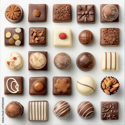 Set of gourmet chocolates, white background, culinary delight