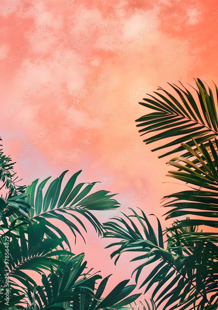 Naklejka premium Palm Tree Leaves Against Sunset Sky