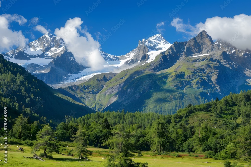 Majestic Mountain Range with Snow Capped Peaks and Green Forest Valley Majestic Mountain Range with Snow Capped Peaks and Green Forest Valley