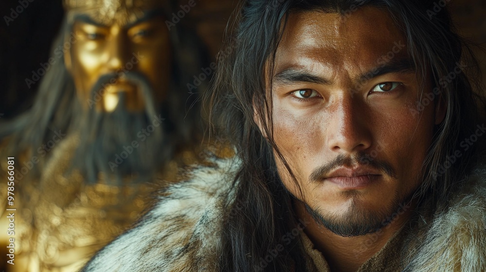 A Mongolian warrior dressed in fur-lined deels, standing next to a mighty golden statue of Genghis Khan, with the vast Mongolian steppe stretching out behind him. His strong gaze and windswept hair A Mongolian warrior dressed in fur-lined deels, standing next to a mighty golden statue of Genghis Khan, with the vast Mongolian steppe stretching out behind him. His strong gaze and windswept hair