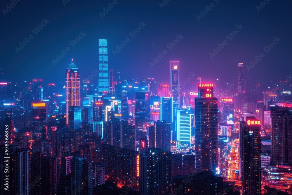 Fototapeta premium A vibrant city skyline illuminated by colorful lights at night.