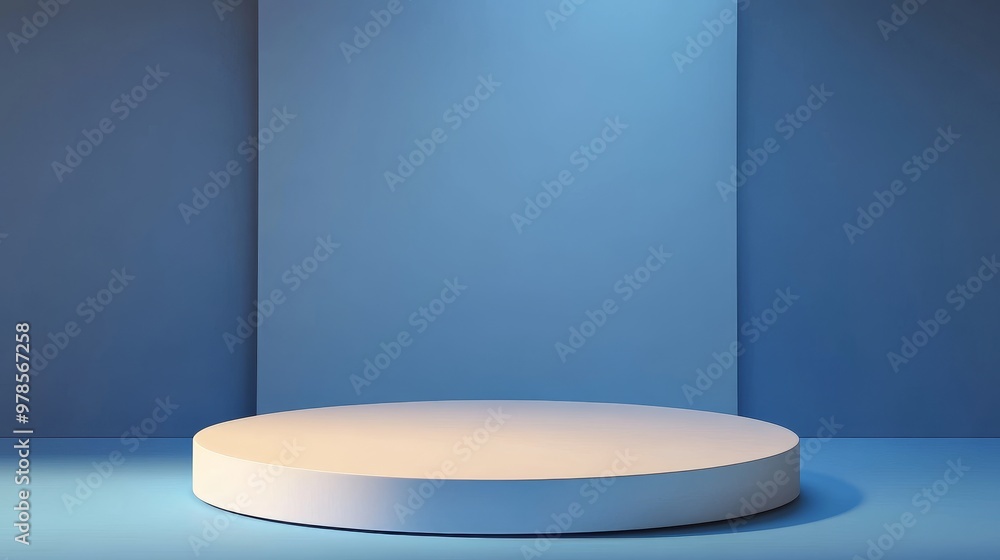 Fototapeta premium Minimalistic stage with a circular platform and blue walls, perfect for presentations and displays in a modern setting.