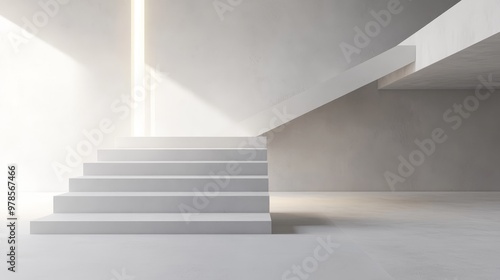 Modern concrete staircase with natural light illuminating the space, creating an airy and minimalist atmosphere.