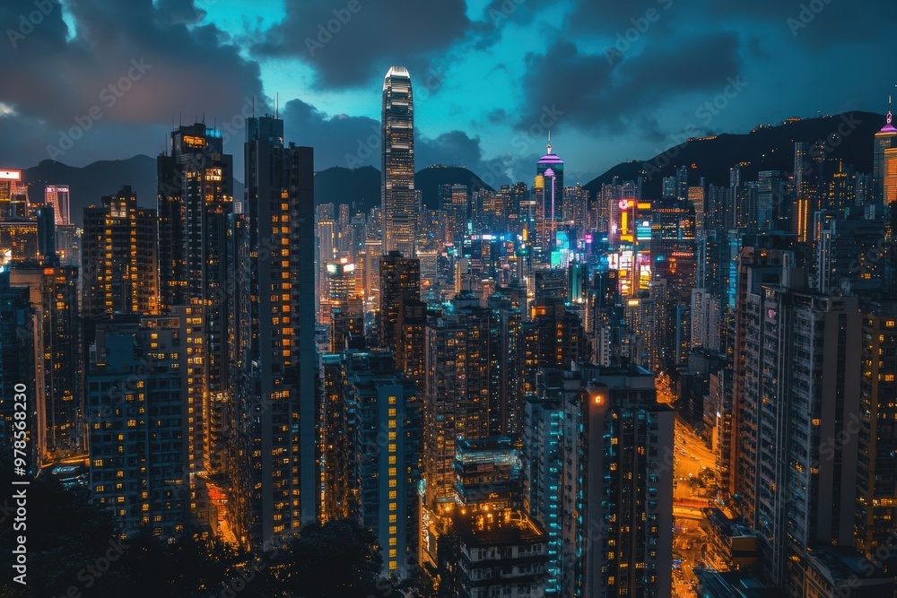 Fototapeta premium A vibrant cityscape at night showcasing illuminated buildings and a dramatic sky.