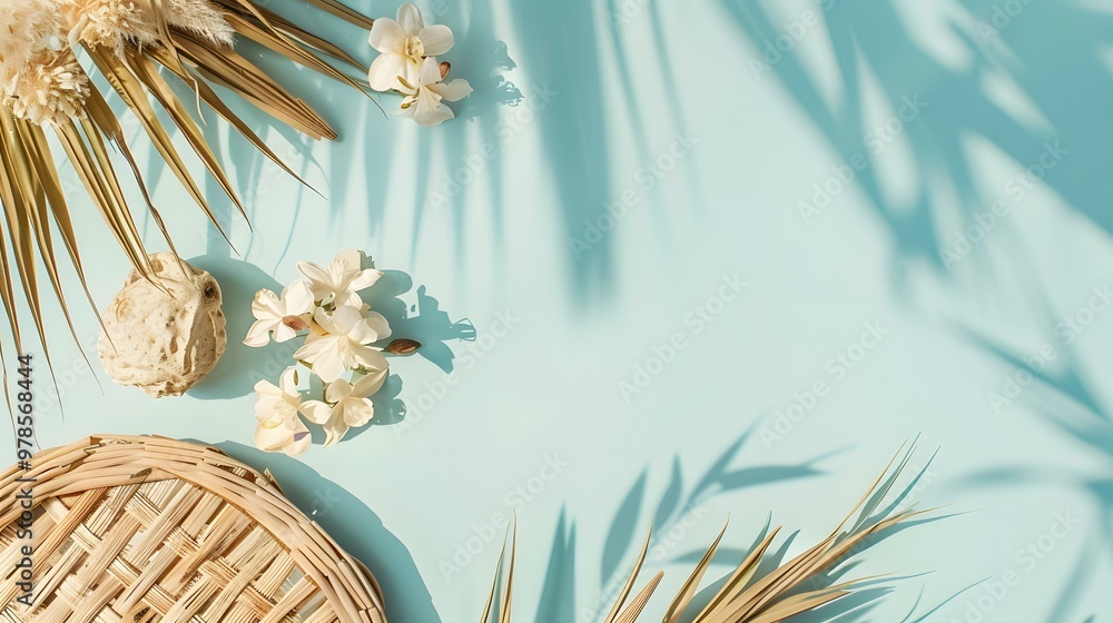 Obraz premium Tropical Floral Flatlay with Blue Background