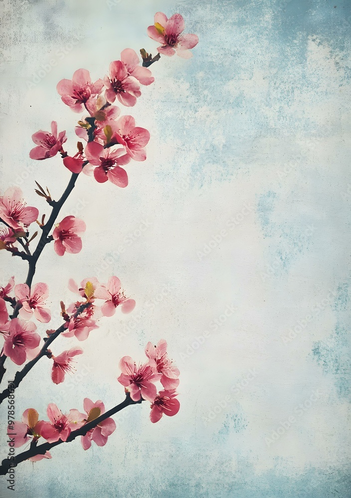 Pink Cherry Blossom Branch on a Light Blue Background Pink Cherry Blossom Branch on a Light Blue Background