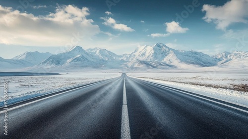 Wallpaper Mural Straight asphalt highway road and snow mountains with sky clouds natural landscape. generative ai Torontodigital.ca