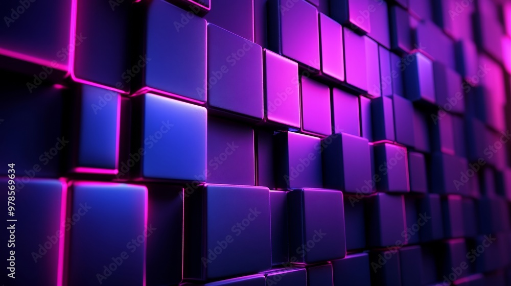 Floating neon bricks forming a disjointed wall, electric blue and deep purple hues, futuristic architecture, high contrast, sharp textures, 3D sci-fi illustration Floating neon bricks forming a disjointed wall, electric blue and deep purple hues, futuristic architecture, high contrast, sharp textures, 3D sci-fi illustration