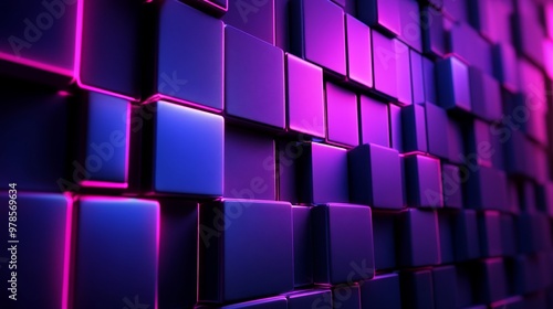 Floating neon bricks forming a disjointed wall, electric blue and deep purple hues, futuristic architecture, high contrast, sharp textures, 3D sci-fi illustration