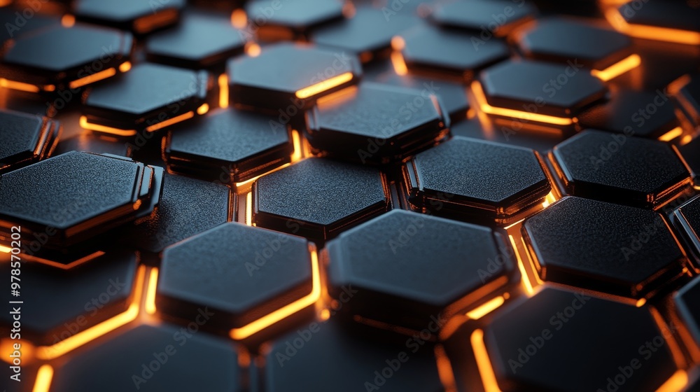Futuristic hexagon grid, metallic texture, reflective surfaces with glowing edges, set against a sleek black background, high-tech aesthetic, Steampunk, Crisp Details Futuristic hexagon grid, metallic texture, reflective surfaces with glowing edges, set against a sleek black background, high-tech aesthetic, Steampunk, Crisp Details