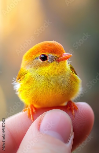 The world's tiniest bird, a yellow and orange miniature bird perched on the tip of someone's finger AI photo photo