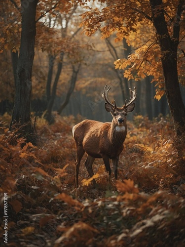 Forest landscape in autumn with fallen orange foliage and deer 