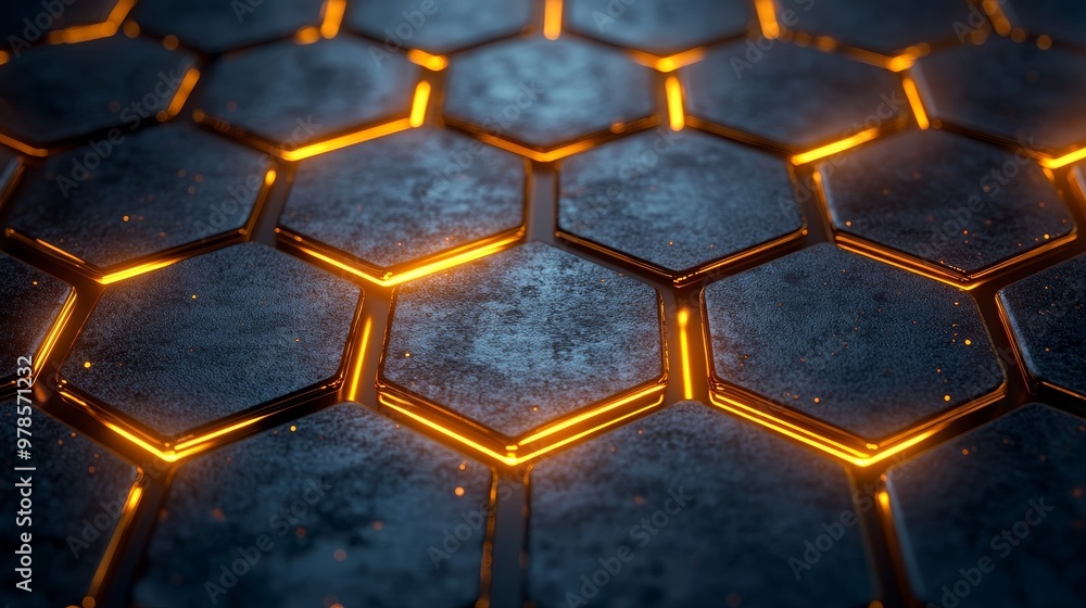 Geometric hexagons with glowing gold edges, bronze metallic background, soft shadows, futuristic tech design, high-resolution textures, modern and sleek aesthetic Geometric hexagons with glowing gold edges, bronze metallic background, soft shadows, futuristic tech design, high-resolution textures, modern and sleek aesthetic