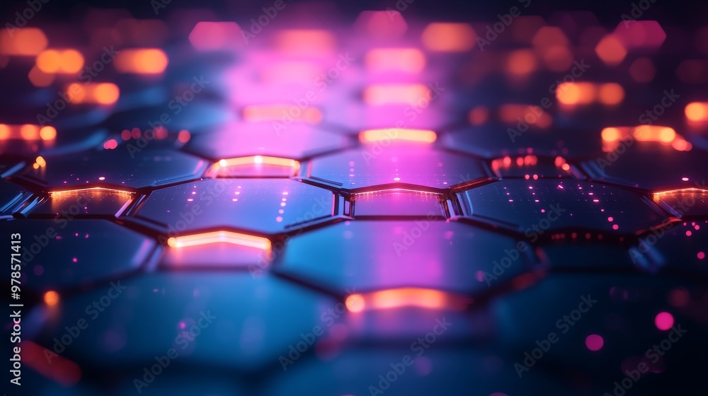Glowing hexagons expanding outward in a grid-like pattern, front view, highlighting data flow and futuristic tech. Futuristic tone, Split-complementary color scheme Glowing hexagons expanding outward in a grid-like pattern, front view, highlighting data flow and futuristic tech. Futuristic tone, Split-complementary color scheme