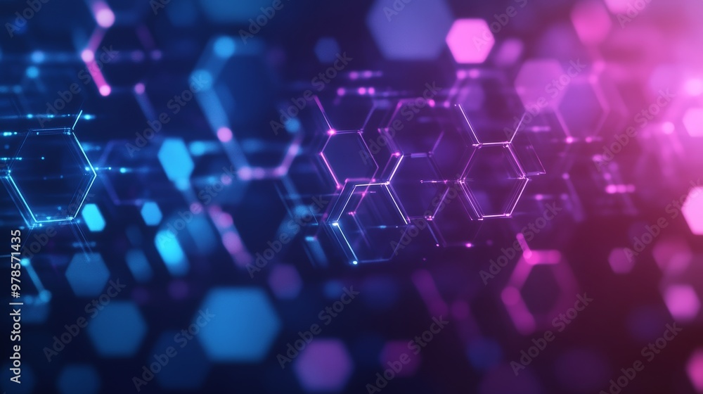 Glowing hexagons in neon blue and purple, floating in a dark digital space, geometric design with 3D depth, futuristic tech-inspired patterns, Cyberpunk, High Contrast Glowing hexagons in neon blue and purple, floating in a dark digital space, geometric design with 3D depth, futuristic tech-inspired patterns, Cyberpunk, High Contrast