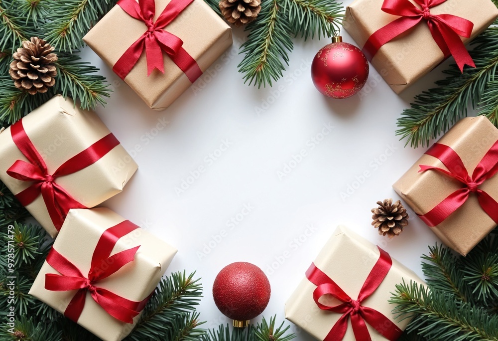Christmas composition with gift boxes, card balls fir branches pine cones with copy space. Christmas Christmas composition with gift boxes, card balls fir branches pine cones with copy space. Christmas