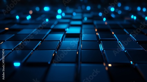 Glowing metallic bricks arranged in geometric patterns, cyberpunk style, blue and silver color palette, sleek futuristic design, 3D illustration