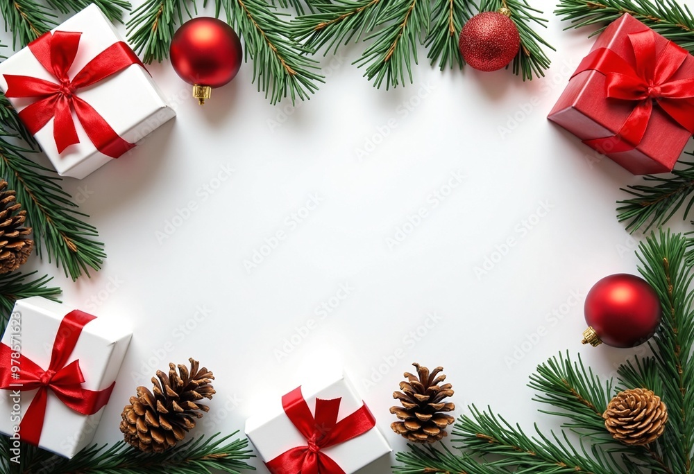 Christmas composition with gift boxes, card balls fir branches pine cones with copy space. Christmas Christmas composition with gift boxes, card balls fir branches pine cones with copy space. Christmas