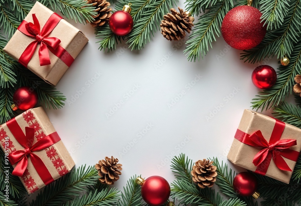 Christmas composition with gift boxes, card balls fir branches pine cones with copy space. Christmas Christmas composition with gift boxes, card balls fir branches pine cones with copy space. Christmas