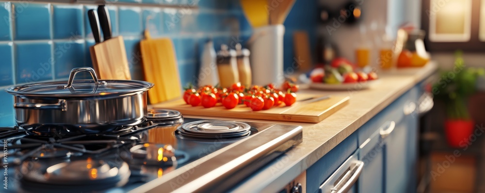 Bright kitchen scene featuring fresh tomatoes, modern cookware, and vibrant blue tiles, perfect for culinary inspiration. Bright kitchen scene featuring fresh tomatoes, modern cookware, and vibrant blue tiles, perfect for culinary inspiration.