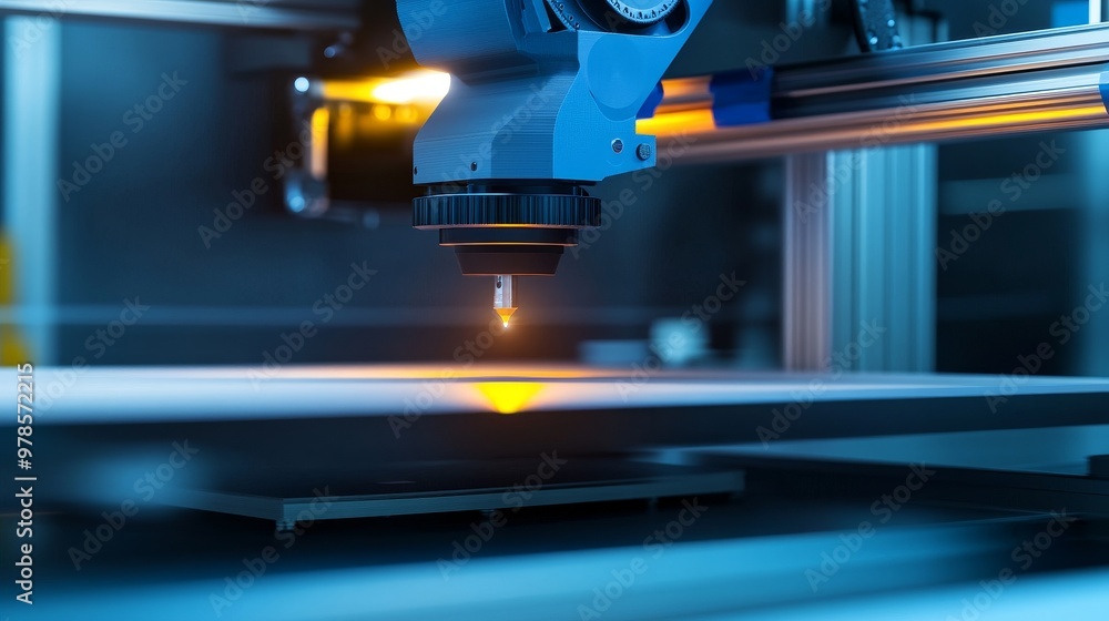 Close-up of a precise laser cutting machine in action, showcasing advanced technology and precision engineering.