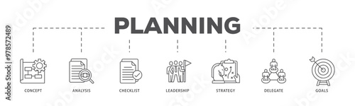 Planning infographic icon flow process which consists of concept, analysis, checklist, leadership, strategy, delegate and goals icon live stroke and easy to edit 