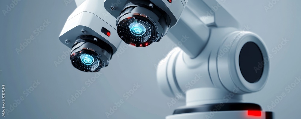 Close-up view of a robotic arm with dual lenses, showcasing advanced technology and precision in automation and engineering. Close-up view of a robotic arm with dual lenses, showcasing advanced technology and precision in automation and engineering.
