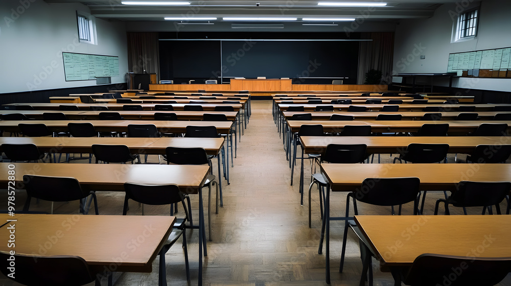 Empty classroom with rows of wooden desks and chairs neatly arranged Empty classroom with rows of wooden desks and chairs neatly arranged