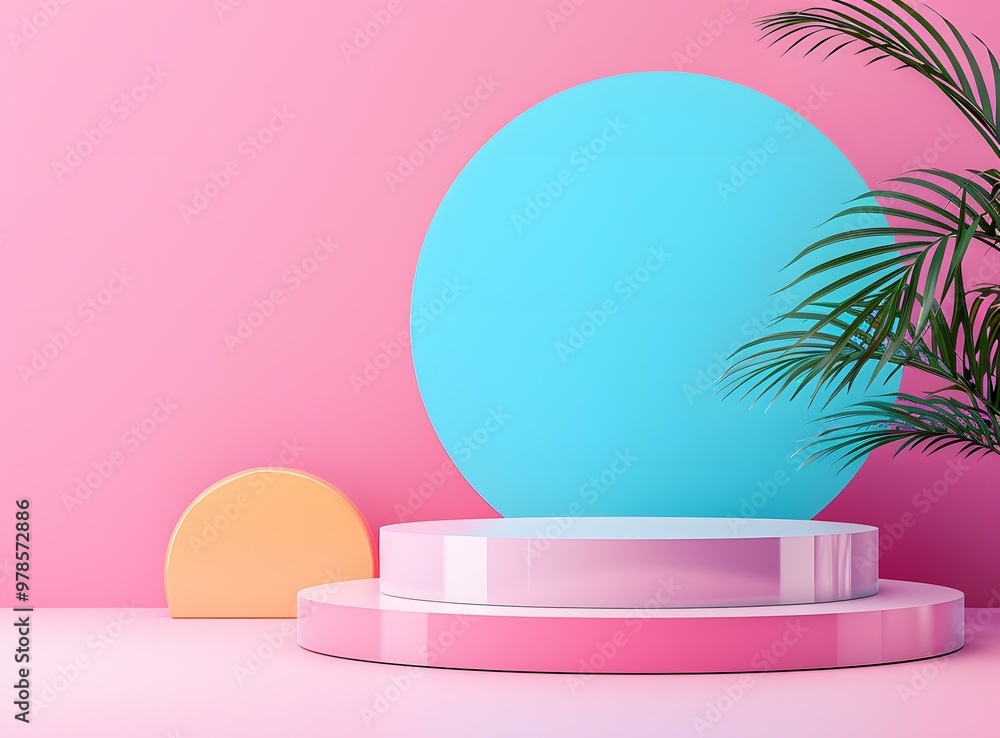 Pink and Blue Geometric Background with Palm Leaf Pink and Blue Geometric Background with Palm Leaf