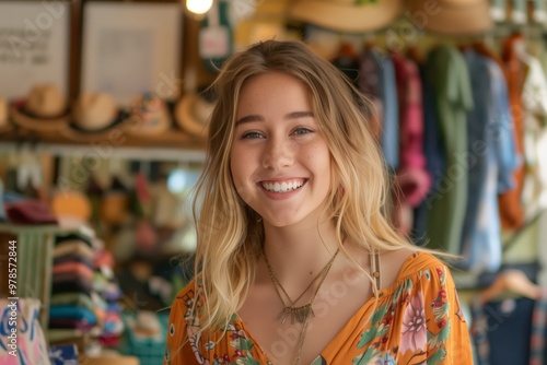 Young beautiful woman in a clothing store. AI generative