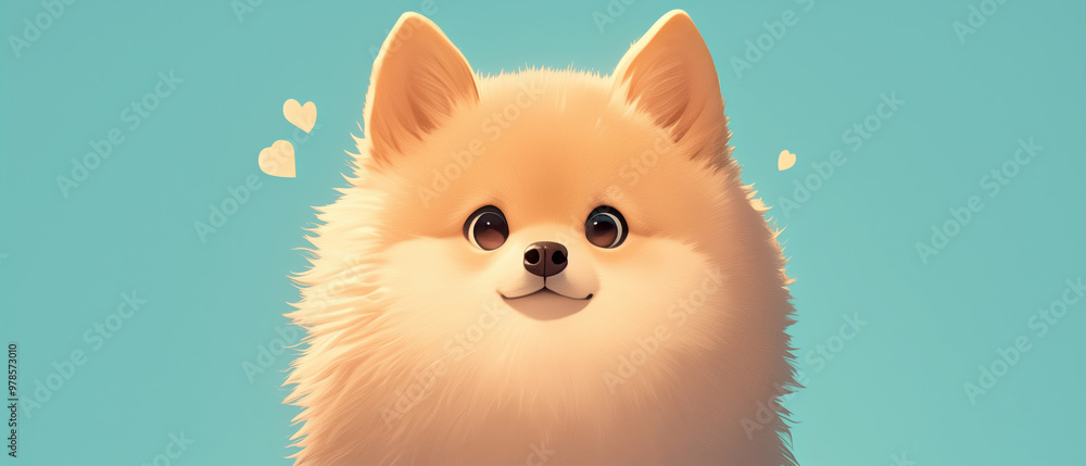 Obraz premium cute cartoon illustration of an adorable Pomeranian dog, with soft fur and large expressive eyes, looking directly at the viewer against a pastel blue background